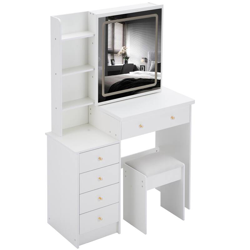 37" Middle Size Left Bedside Cabinet Vanity Table + Cushioned Stool Dresser Set, Large Touch Control LED Sliding Mirror