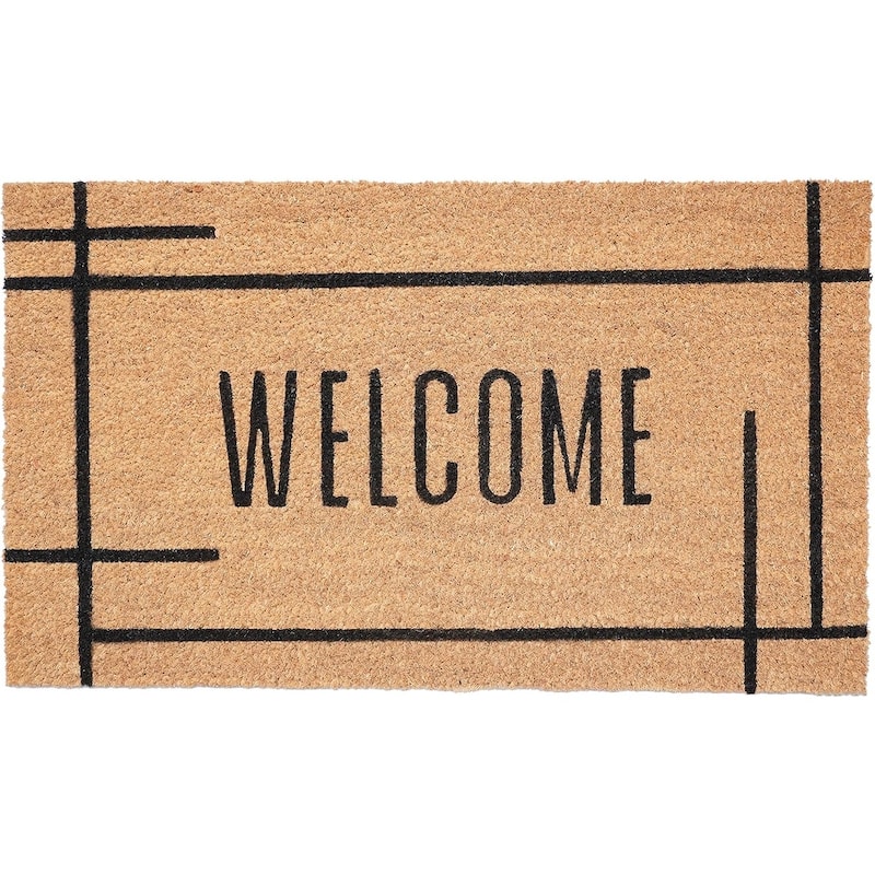 HomeRoots 17" X 29" Natural And Black Welcome Outdoor Coir Door Mat - 17' X '29