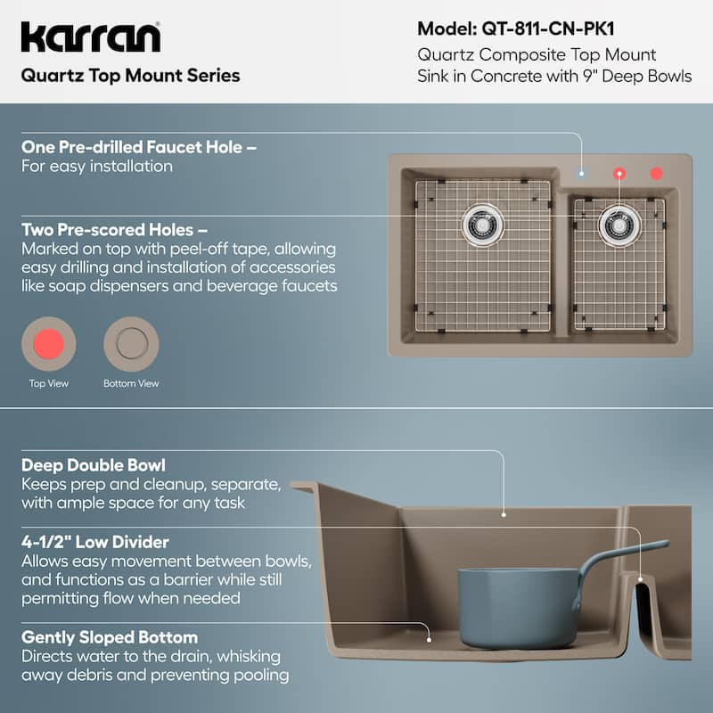 Karran 33" Top Mount Large/Small Bowl Quartz Kitchen Sink Kit - 33" x 22" x 9"