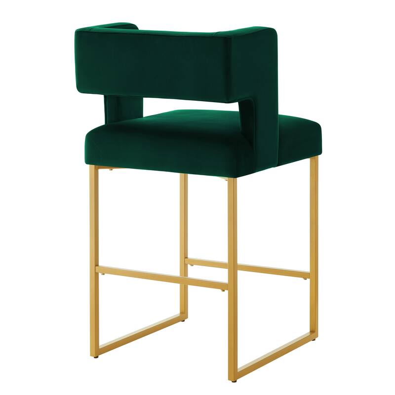 Counter Height Bar Stools Set of 2, Velvet Upholstered Bar Stools with Open Backrest, Breakfast Bar Chairs with Metal Footrest