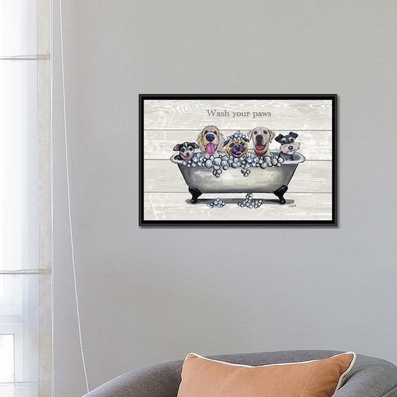 iCanvas "Tub With Dogs, Bathroom Dogs, Wash Your Paws" by Hippie Hound Studios Framed Canvas Print