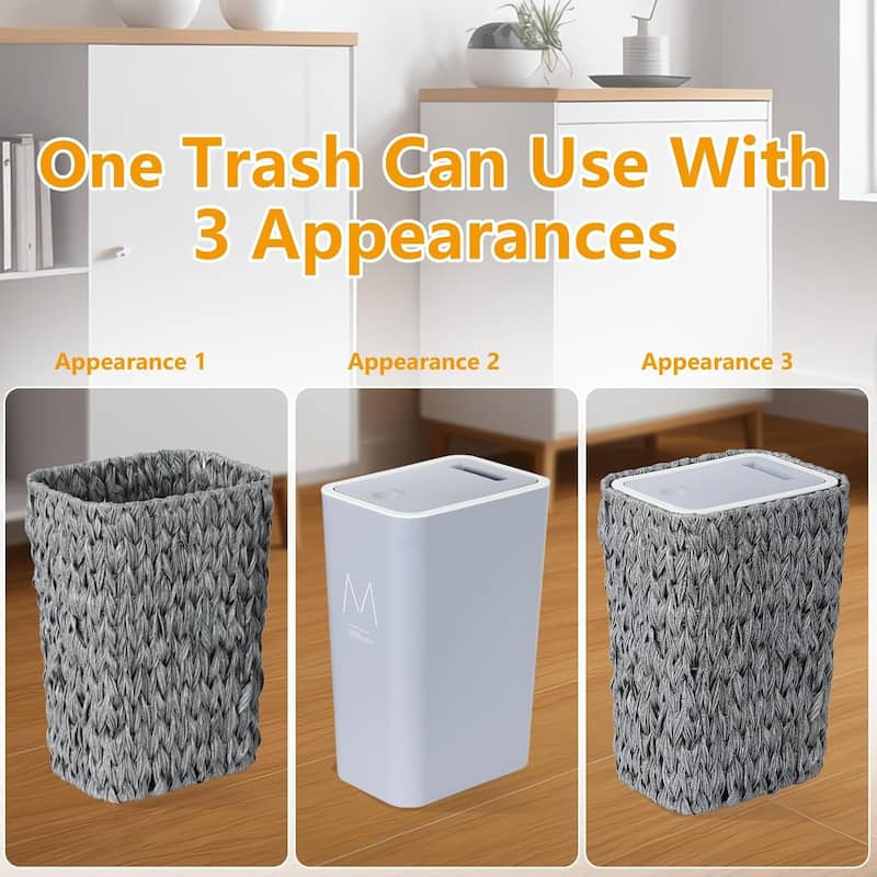 Bathroom Small Trash Can with Lid,2.6 Gallon Rattan Garbage Can with Press Top Lid,Double-Deck Slim Wicker Wastebasket Trash Can