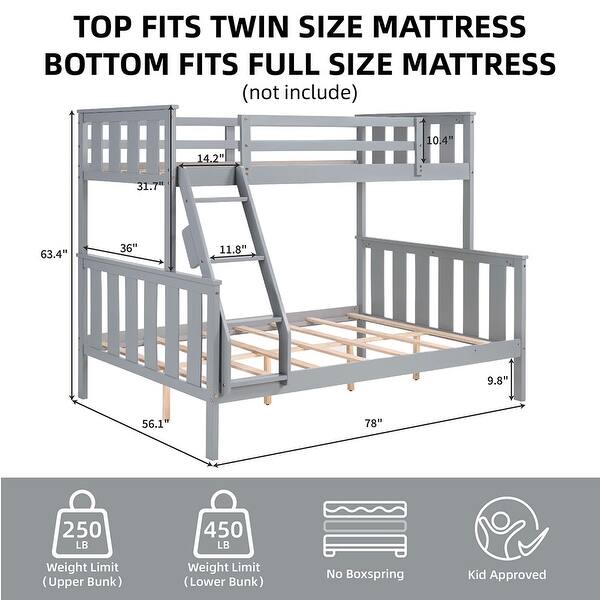 Full over Full Wooden Bunk Bed,High Guardrail,Ladder,No Box Spring