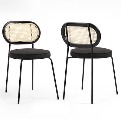 Set of 2 Azem Black Boucle Dining Chair with Rattan Backrest and Chrome Legs