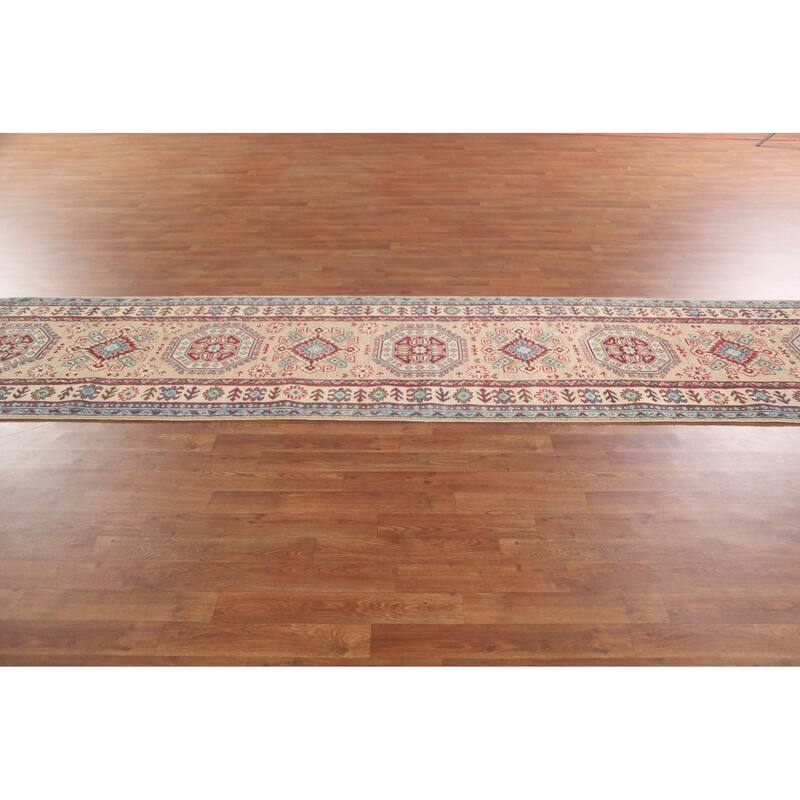 Hand Knotted Oriental 100% Wool Carpet Traditional Geometric Beige & Ivories Kazak Runner Rug - 12' 8'' X 2' 10''