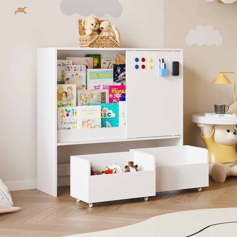 Kids Sliding Door Bookcase with 2 Large Rolling Toy Bins – 39.4" Wide White Children’s Bookshelf Organizer