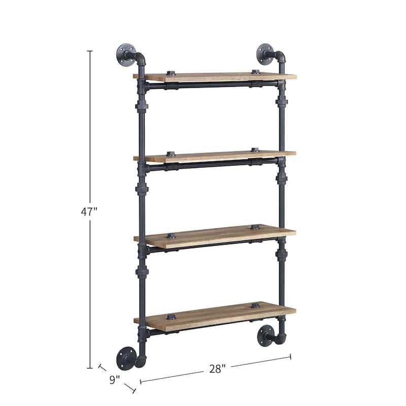 Floating Wood Wall Shelf with Metal Tube in Oak and Sandy Black