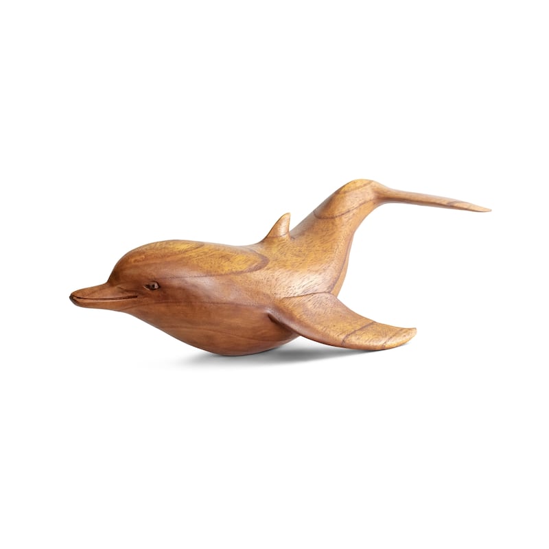 Wooden Hand Carved Swimming Dolphin Statue Sculpture Wood Decorative Home Decor Figurine Handcrafted Handmade Seaside Tropica