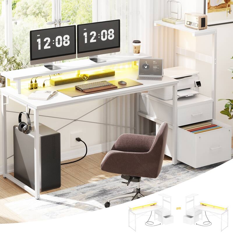 60'' Reversible Gaming Desk with Monitor Stand & Fabric Drawers，Home Office Computer Desk with RGB LED Strip & Power Outlets