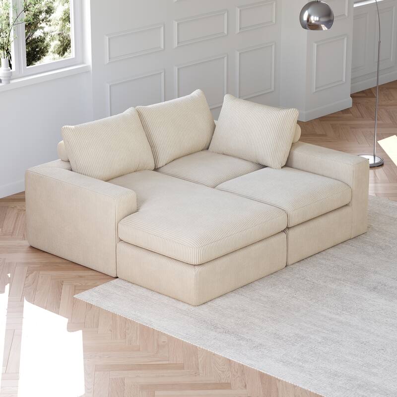 Roomfitters Modern 3-Seater Corduroy Cloud Sectional Sofa with Chaise, L-Shaped Boneless Couch with Pillows