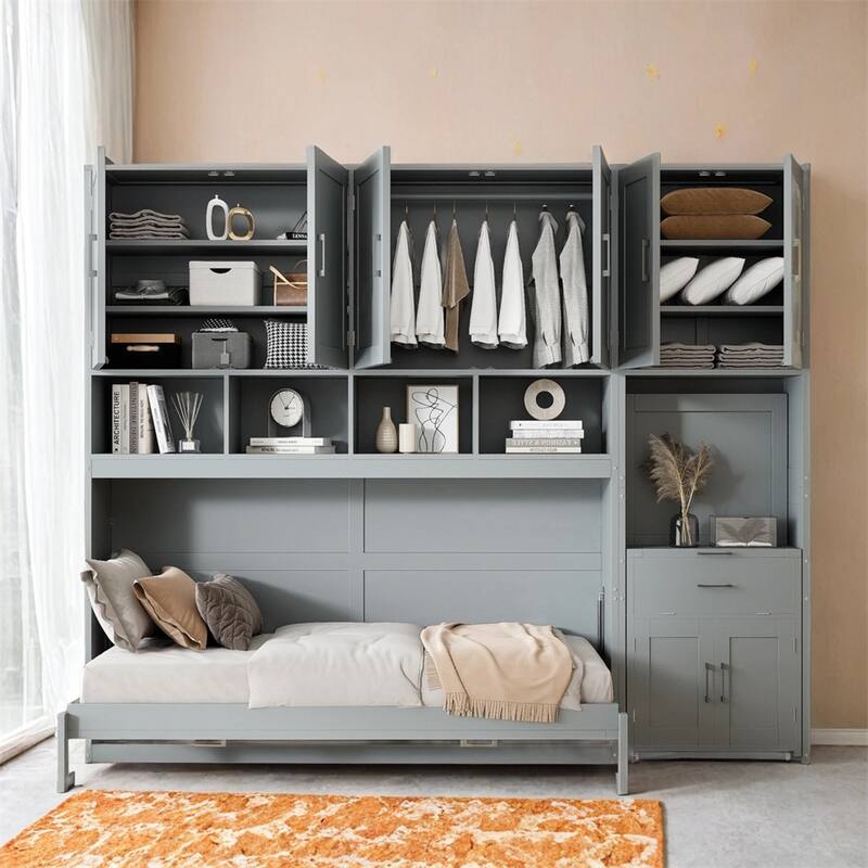 Twin Size Murphy Bed Wall Bed with Closet,Drawers & Desk