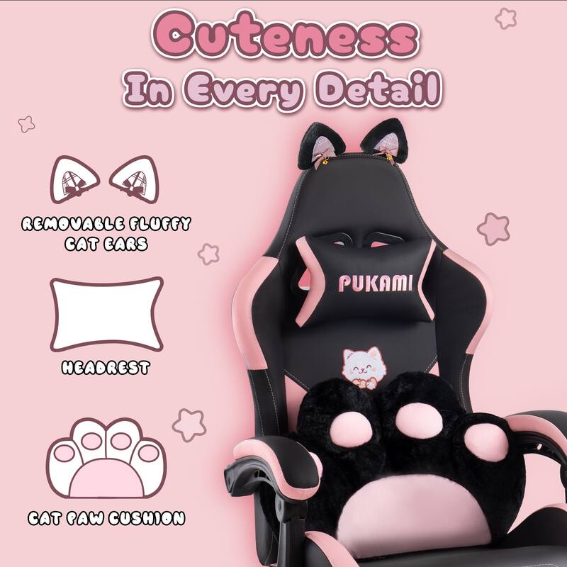 BOSSIN Gaming Chair with Cat Ears and Cat Paw Cushion Pillow,Cute Kawaii Reclining Computer Chair for Girl with Footrest
