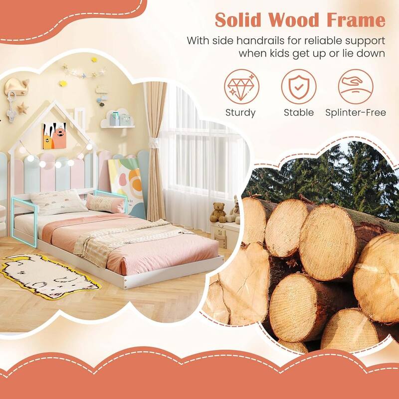 Floor Kid House Bed Frame Wood Twin Floor Bed w/ Fence