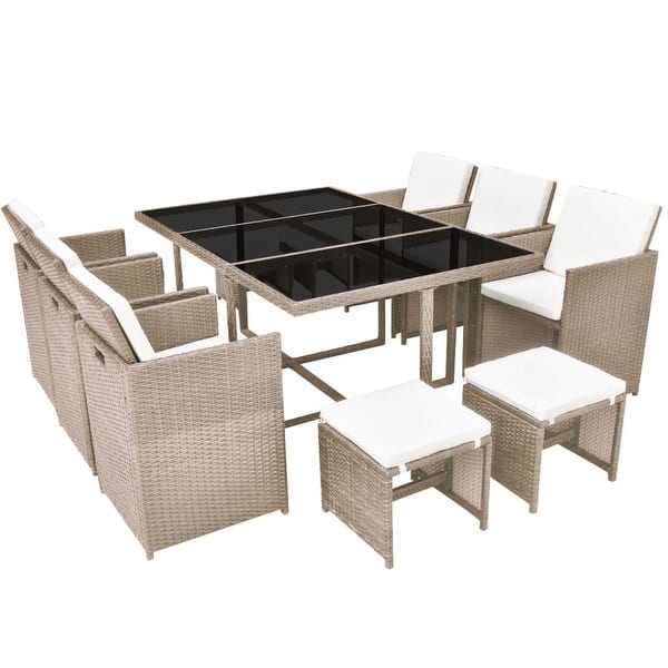 Vidaxl 11 Piece Outdoor Dining Set With Cushions Poly Rattan Beige Overstock 26236638
