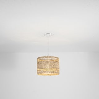 1-Light Boho Coastal Cylindrical Drum Woven Pendant Light with Matte White Finish and Herbaceous Rattan Shade