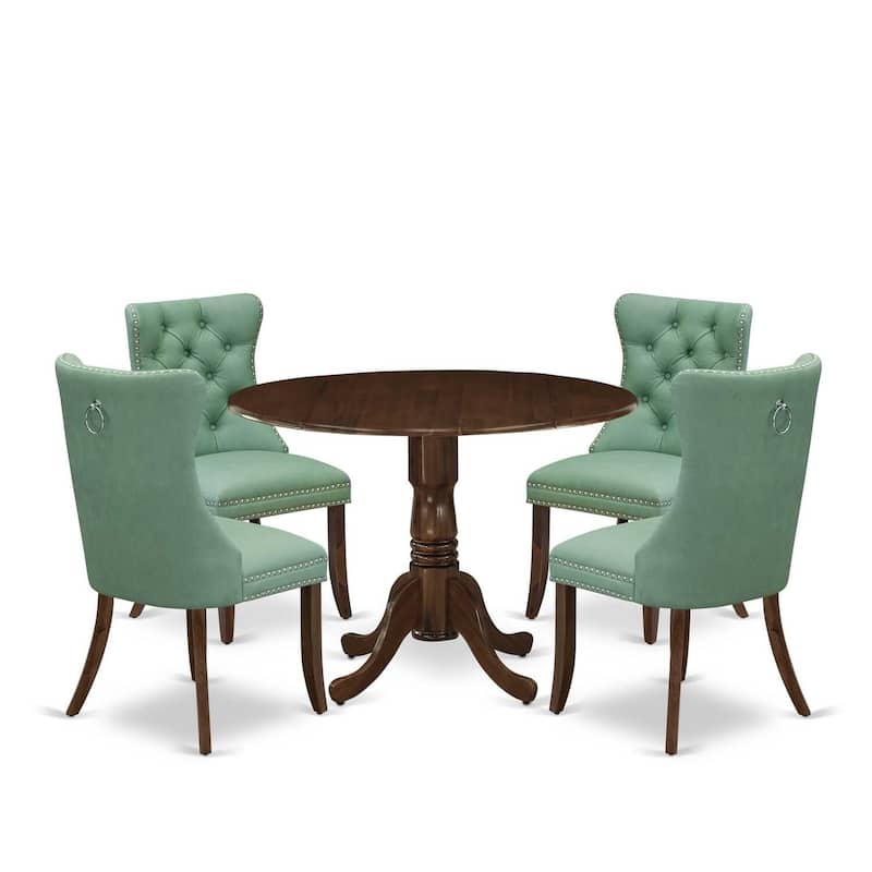 Round Dining Table Set with 4 Chairs - Kitchen Table with Dropleaf - Walnut Finish