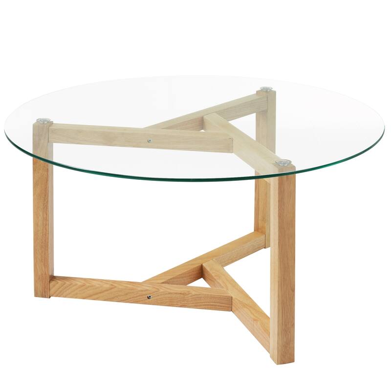 35.43" Modern Coffee Table with Tempered Glass Top and Sturdy Wood Base