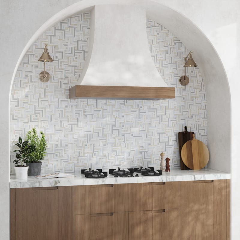 Serena 10x10 White Gray Calacatta Gold, Thassos Mosaic Chevron Wall and Floor Tile (3.47 sq ft/case) - 5 Pack