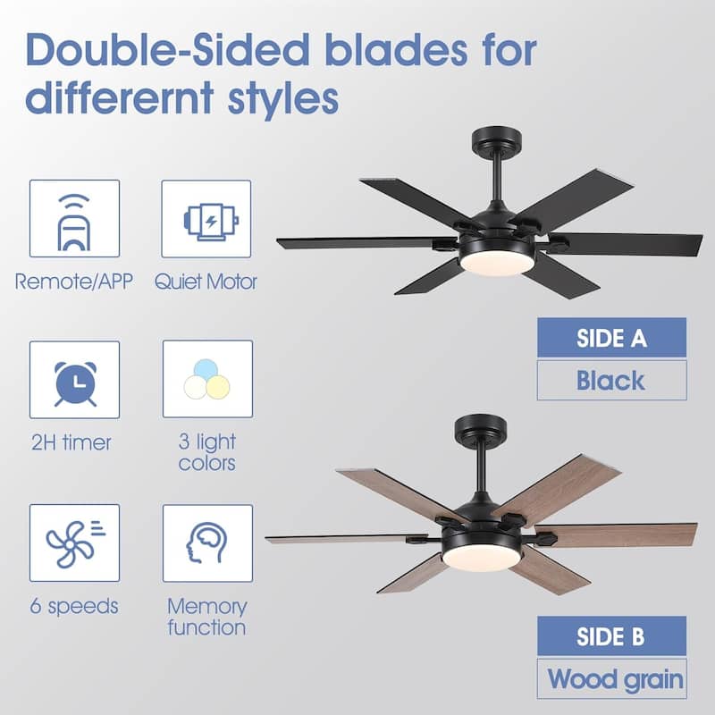 46 / 52 Inches Downrod Ceiling Fan with Light and Remote,6 Dual Side Blades