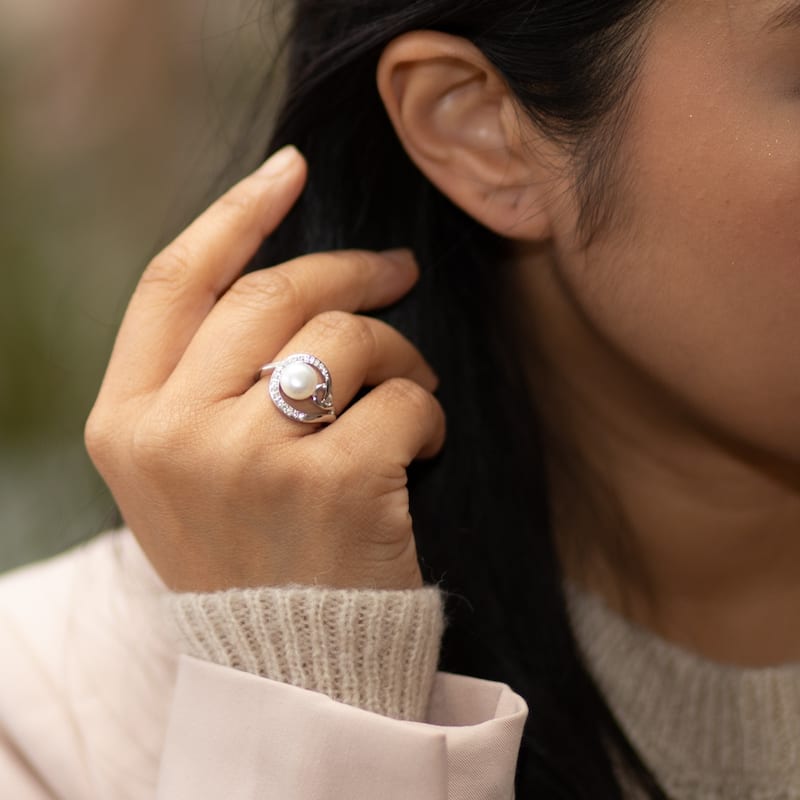 Sterling Silver White Freshwater Pearl Halo Ring 8.5mm