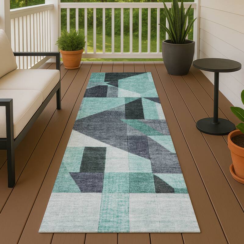 Machine Washable Indoor/ Outdoor Modern Geo Chantille Rug - Teal - 2'3" x 7'6"