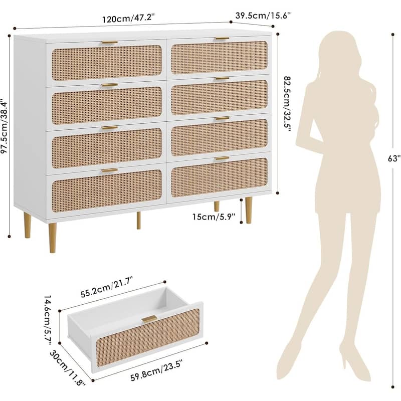 Rattan 8 Drawer Dressers TV Stand for Bedroom Living Room