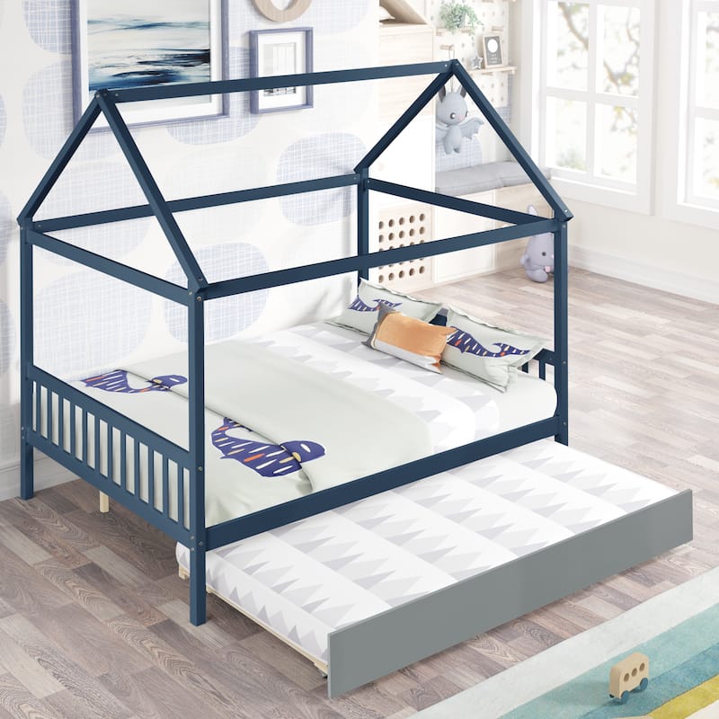 Blue Full Size Wood House Bed with Trundle, Roof and Fence for Kids, Boys and Girls