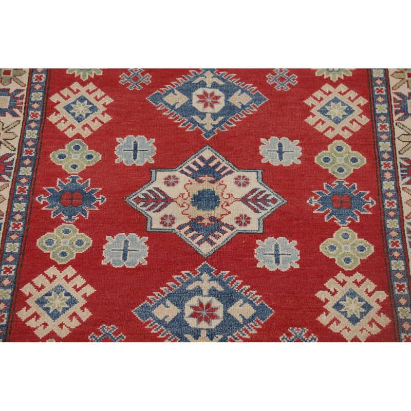 Red Geometric Kazak Oriental Accent Rug Hand-Knotted Wool Carpet - 3'11" x 6'3"