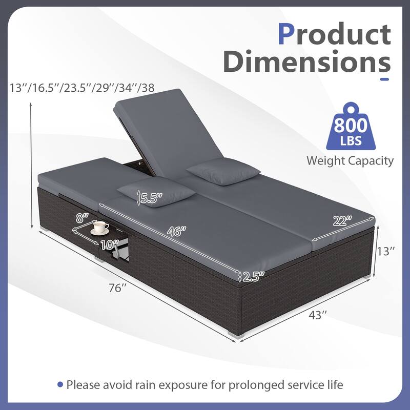 Gymax Patio Daybed PE Wicker Double Chaise Lounge w/ Adjustable