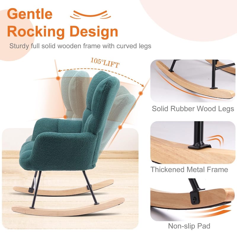 Living Room Ergonomic Teddy Fabric Rocking Chair Nursing Accent Reading Recliner with Soft Glider - 33.66"D x 28.35"W x 38.58"H