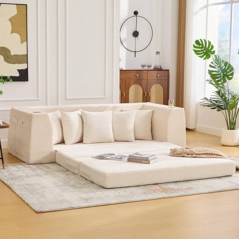 2 in 1 Convertible Sofa Bed, Sleeper Sofa with Storage Pockets, Pull Out Loveseat Couch with Two Cup Holders