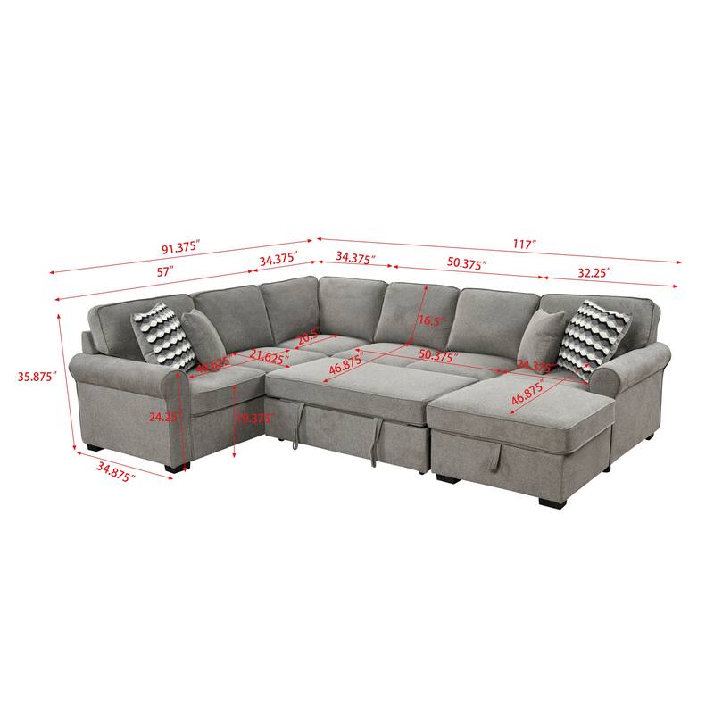 Removable Cushions Sectional Sofa with Storage Chaise and 4 Pillows
