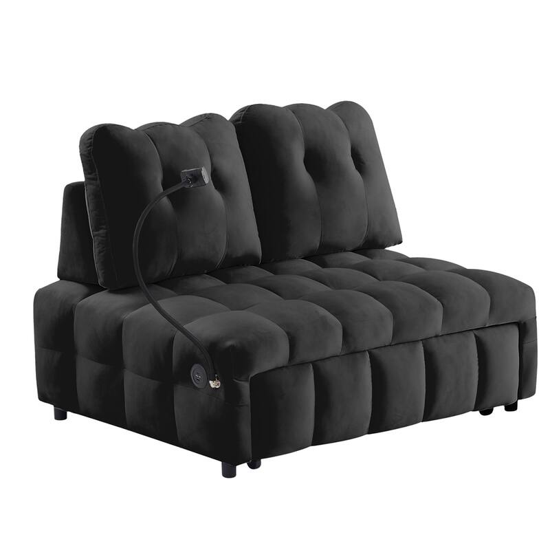 Velvet Pull Out Sofa with Removable Backrest,USB Port and Phone Stand