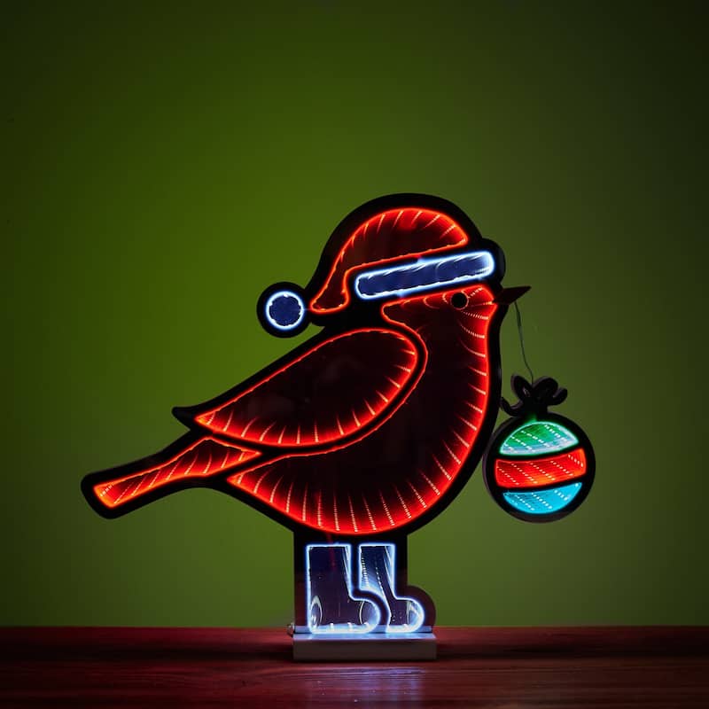 LED Lighted Cardinal Bird with Ornament Christmas Infinity Mirror - 18"