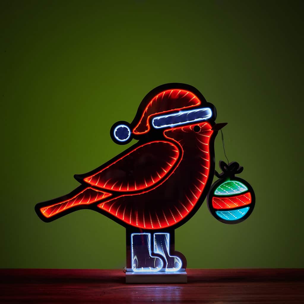 LED Lighted Cardinal Bird with Ornament Christmas Infinity Mirror - 18"