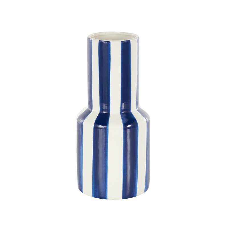 White Ceramic Round Decorative Vase with Blue or Black Vertical Stripes