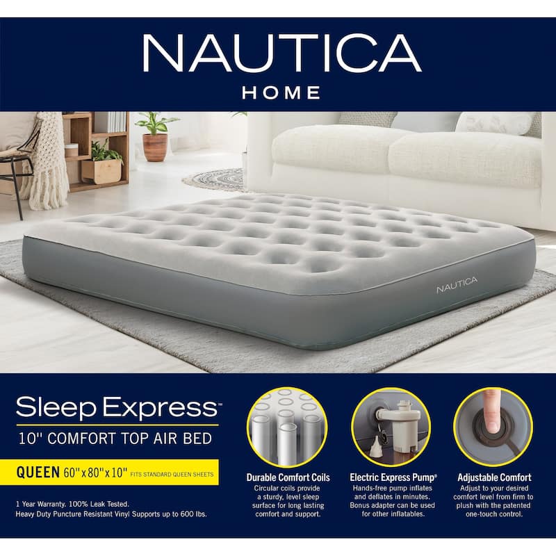 Nautica Home Sleep Express 10 in. Inflatable Air Mattress with External Pump - Bed with Puncture Resistant Vinyl Construction
