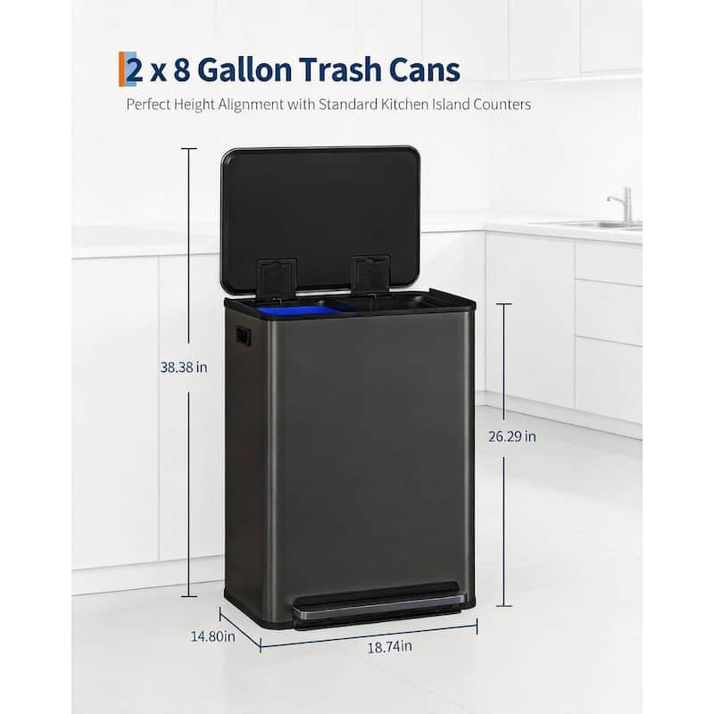2 x 8 Gal Dual Compartment Trash Can, with Lid
