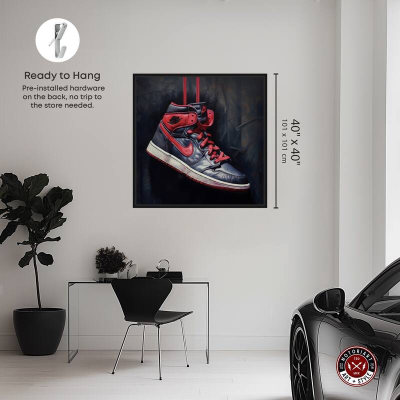Notoriart Black And Red Hanging Sneaker Framed Sneaker 1 Piece Canvas Wall Art