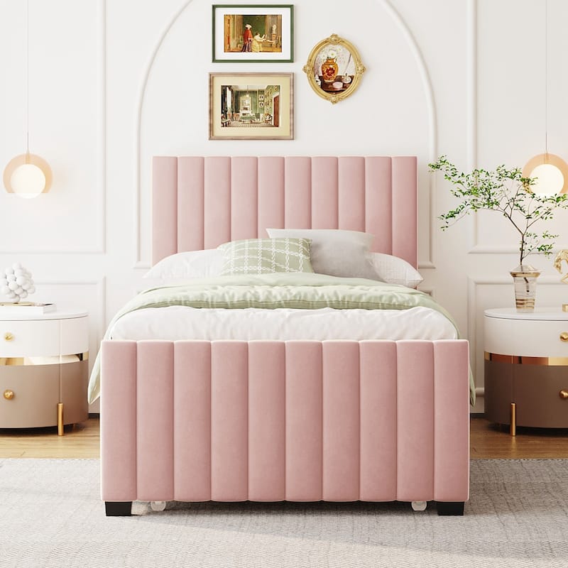 Twin Size Velvet Upholstered Platform Bed with Twin Size Trundle - Pink