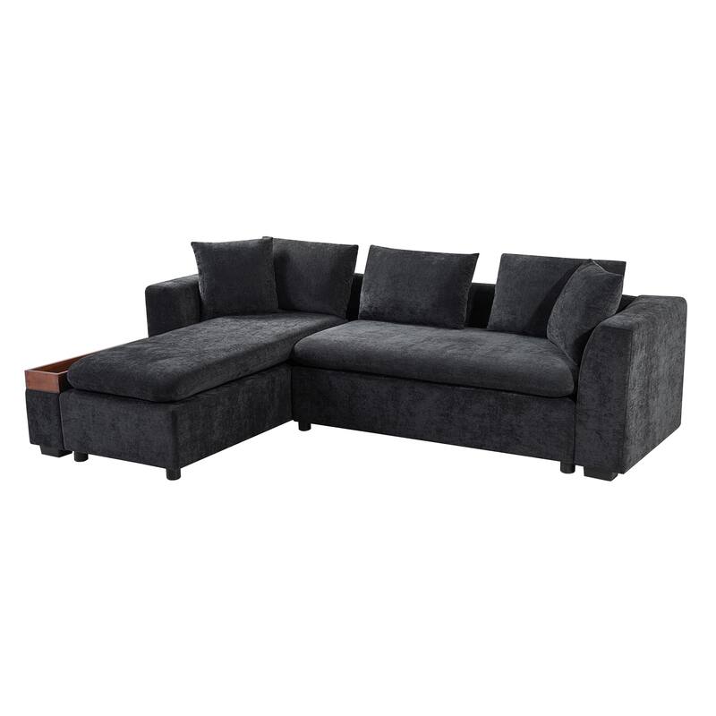 L-Shaped Sectional Sofa with Chaise Lounge, Chenille Upholstered Sleeper Couch with Wooden Storage Compartment & Throw Pillows