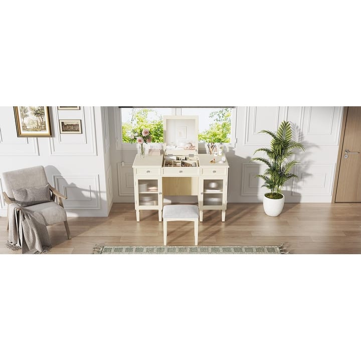 2-in-1 Vanity Desk with Flip-Top Mirror, Dressing Table Set with Drawer & Cabinet, Multi-Functional Computer Writing Desk