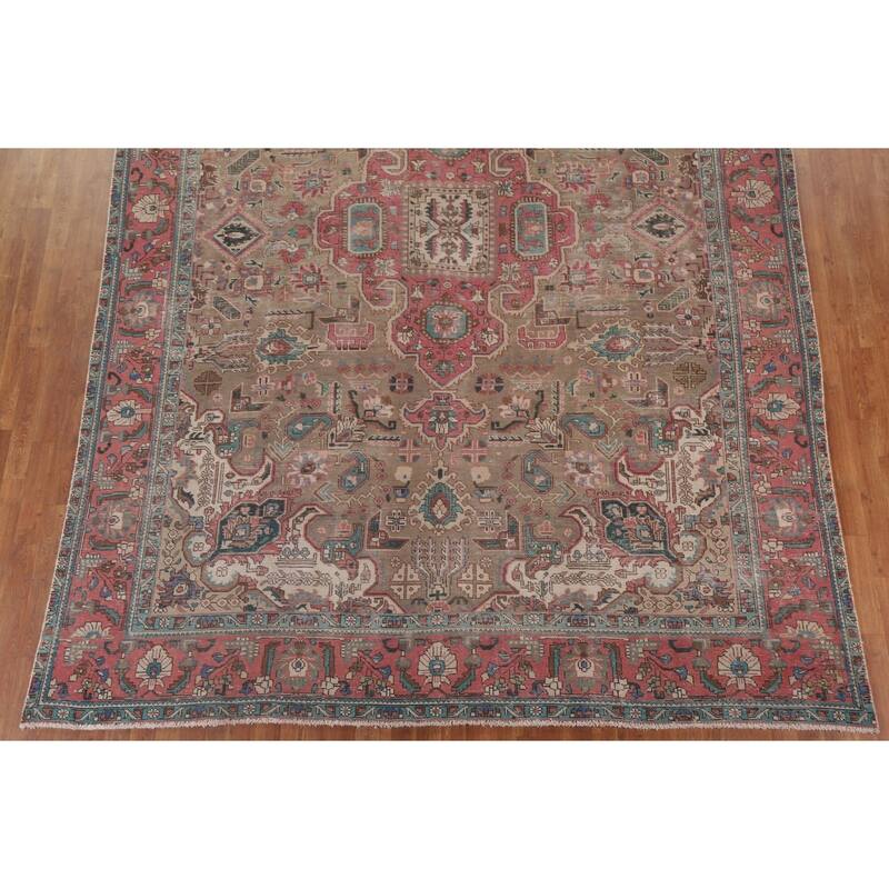 Brown Distressed Tabriz Persian Antique Area Rug Handmade Wool Carpet - 9'2" x 12'10"