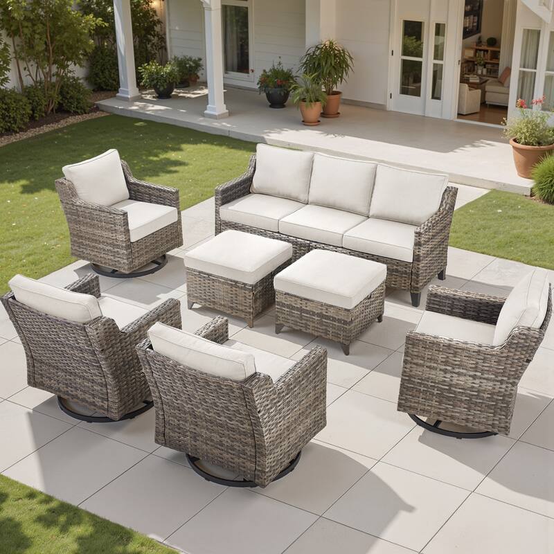 Pocassy Outdoor Patio Furniture Wicker Sofa Swivel Chair Set - Grey Wicker Beige Cushion - 7 Pieces Sofa Swivel Chair with Ottoman