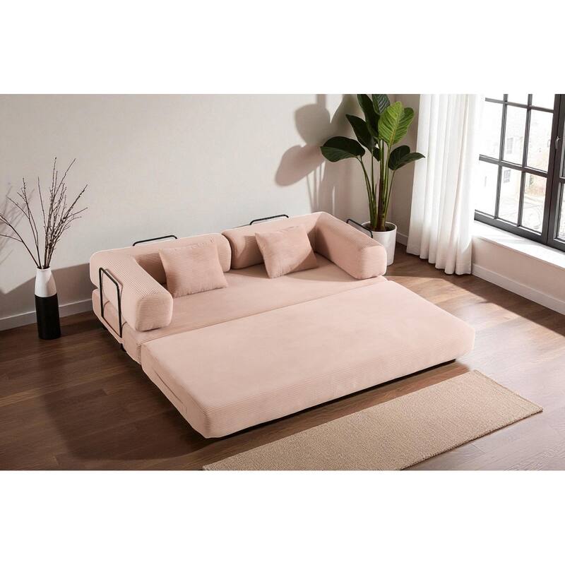 Convertible Corduroy Sleeper Sofa Bed, 4-in-1 Folding Mattress Couch with Cylindrical Pillow & Fixed-Shape Frame, No-Assembly