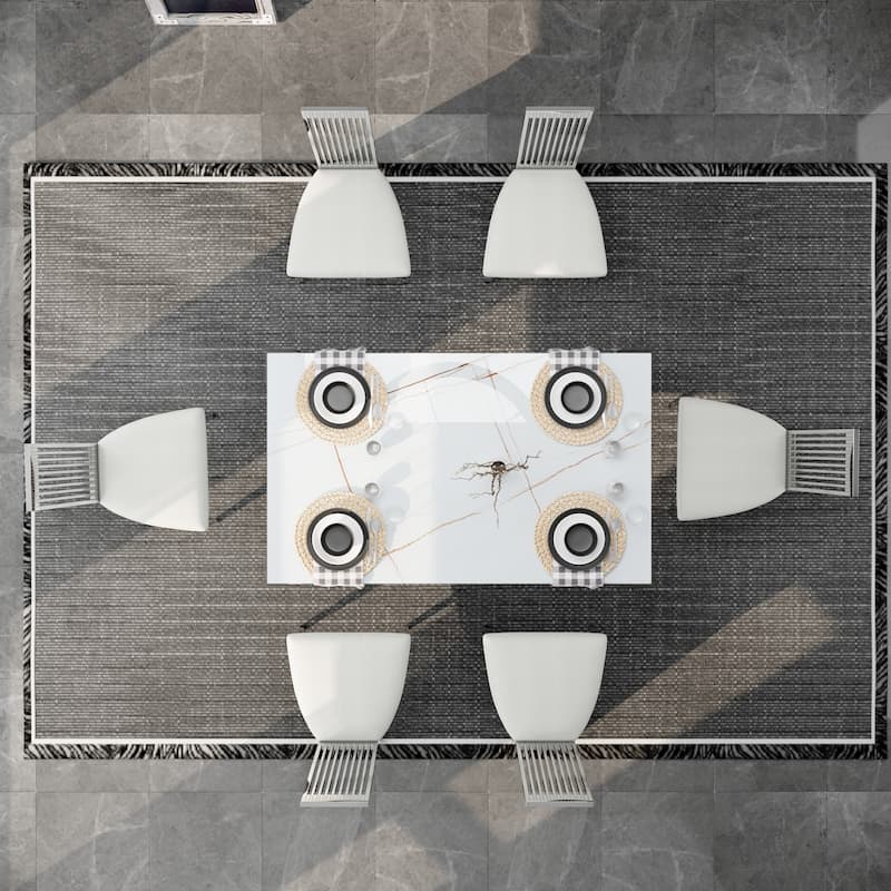 Luxury White Tempered Glass Dining Table with Metal Legs