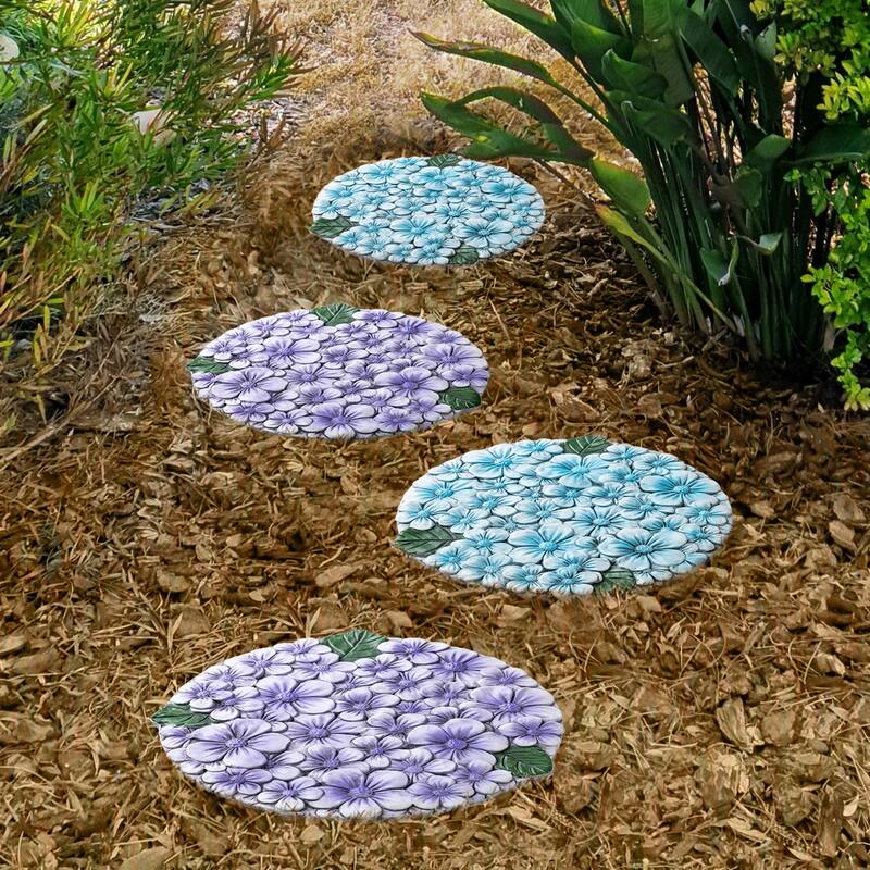 Glitzhome 2-Piece Cement Blue and Purple Hydrangea Textured Stepping Stones - 10 in