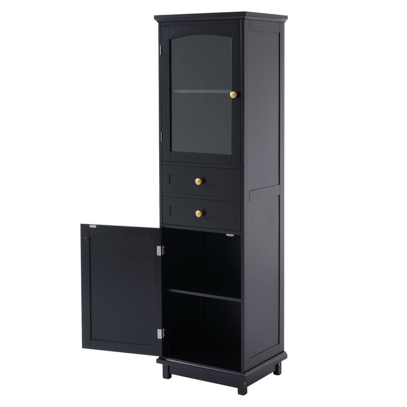 GDFStudio - Mary 63" Tall Bathroom Storage Cabinet with Glass Doors, Two Drawers, and Adjustable Shelves