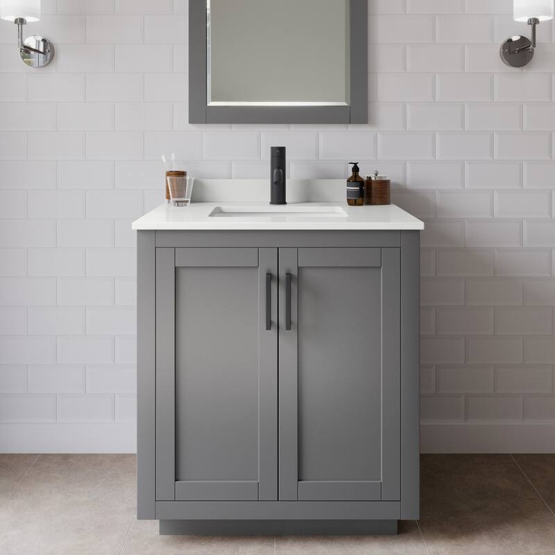 Wyndham Collection WCF292930S-QTZ-UNSM24 Miranda 30" Free Standing - Dark Gray / White Quartz Top / Matte Black