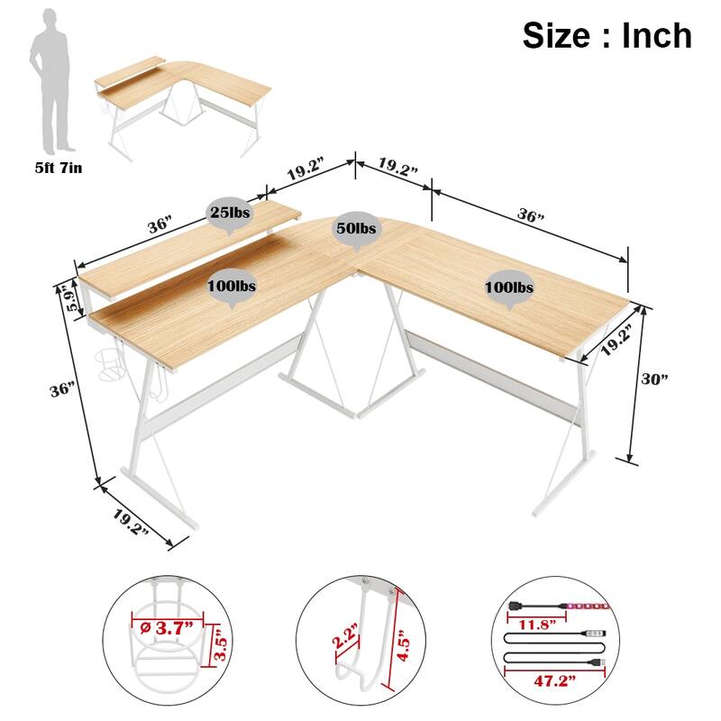 55 Inch Gaming Desk LED L Shaped Computer Corner Desk